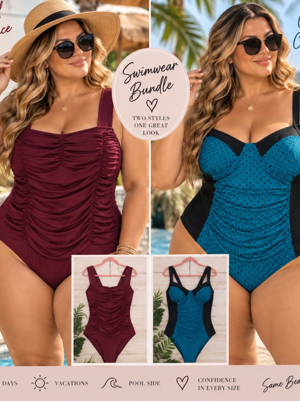 Plus Size One Piece Swimsuit Bundle 2pc Ruched Tummy Control Retro Swimwear